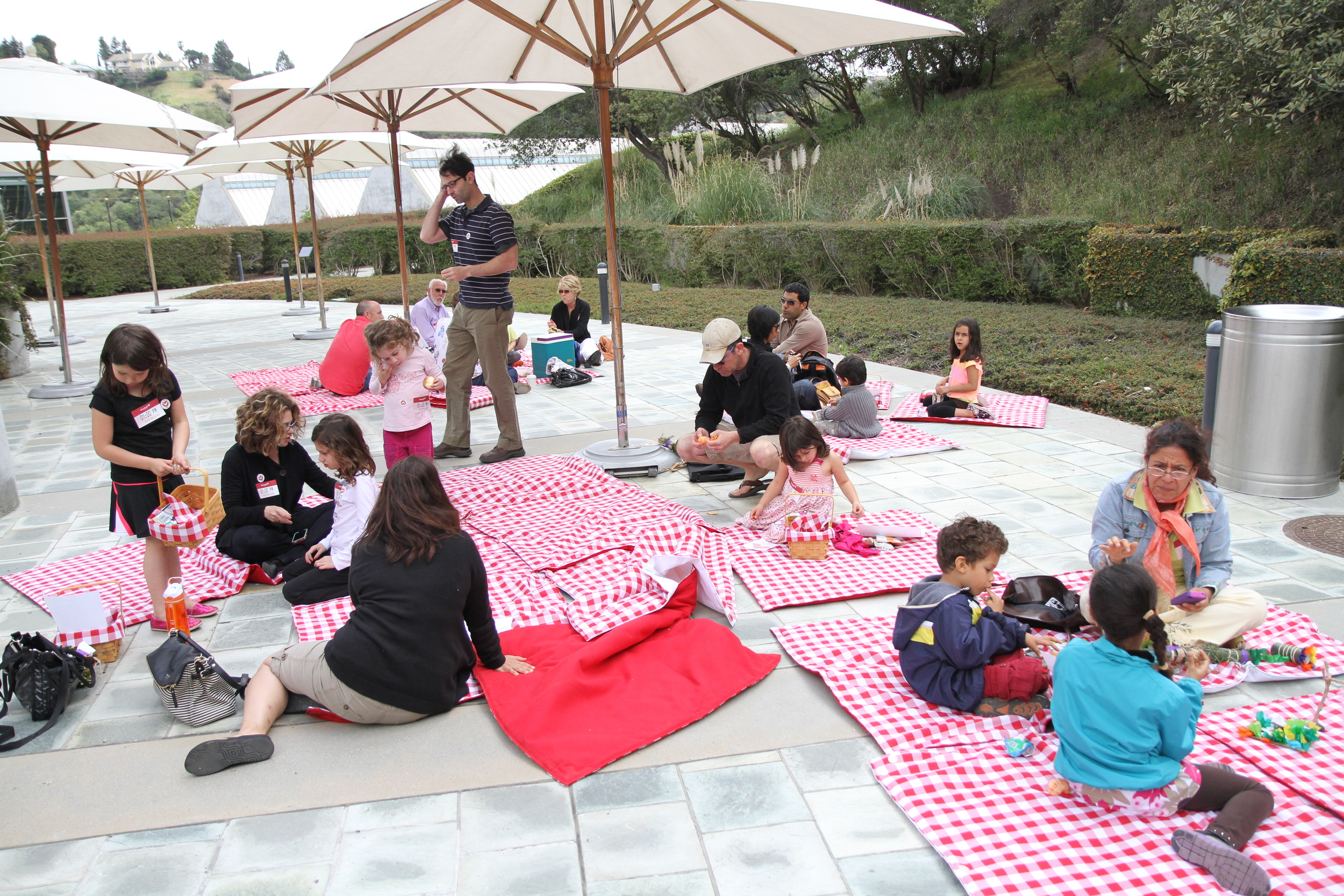   Picnic  Fabric, batting, buttons (52 count) 42x42 inch squares Documentation of interactive installation (audience participation) Skirball Cultural Center, Los Angeles, CA, March 30-31, 2013 