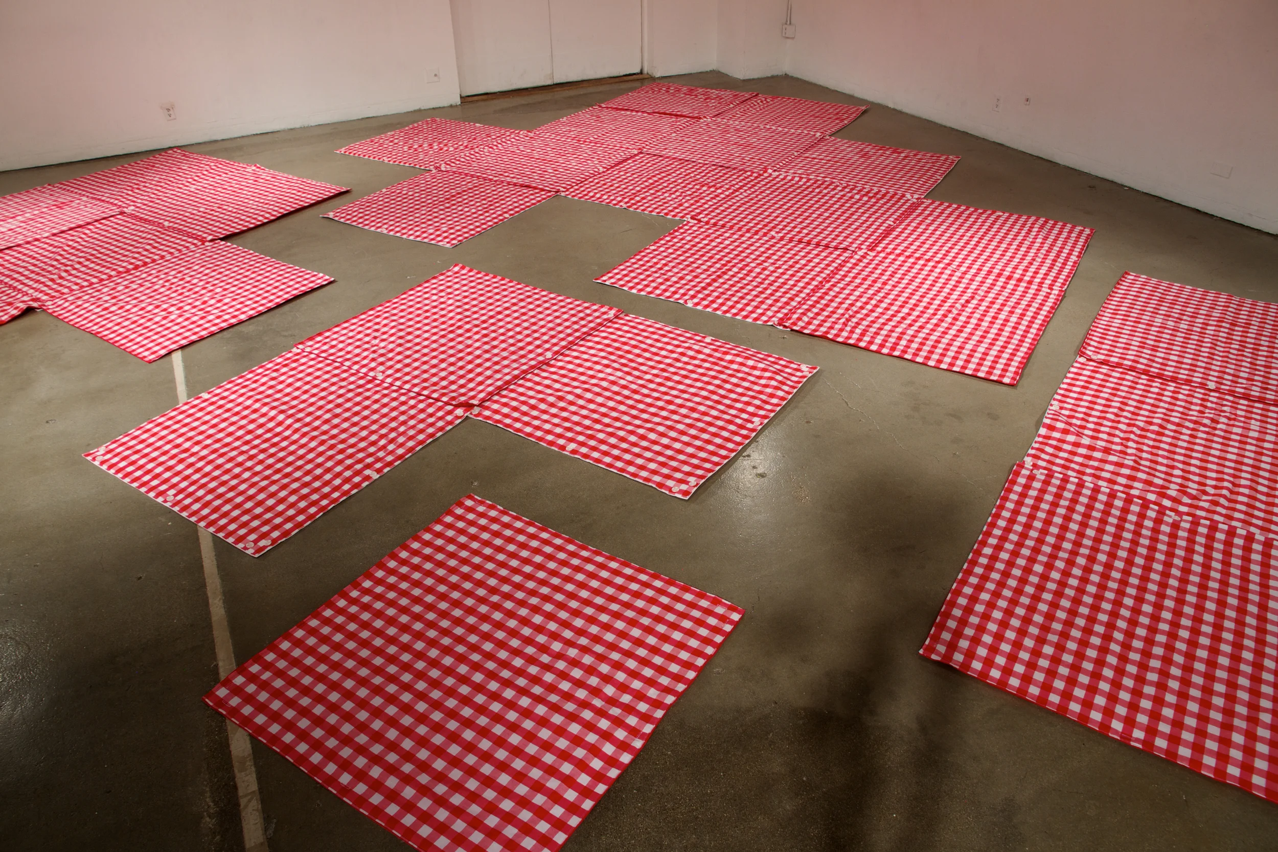 Picnic 2012-2016 Fabric, batting, buttons (52) 42X42 inch squares Photo Courtesy of Sean Flaherty
