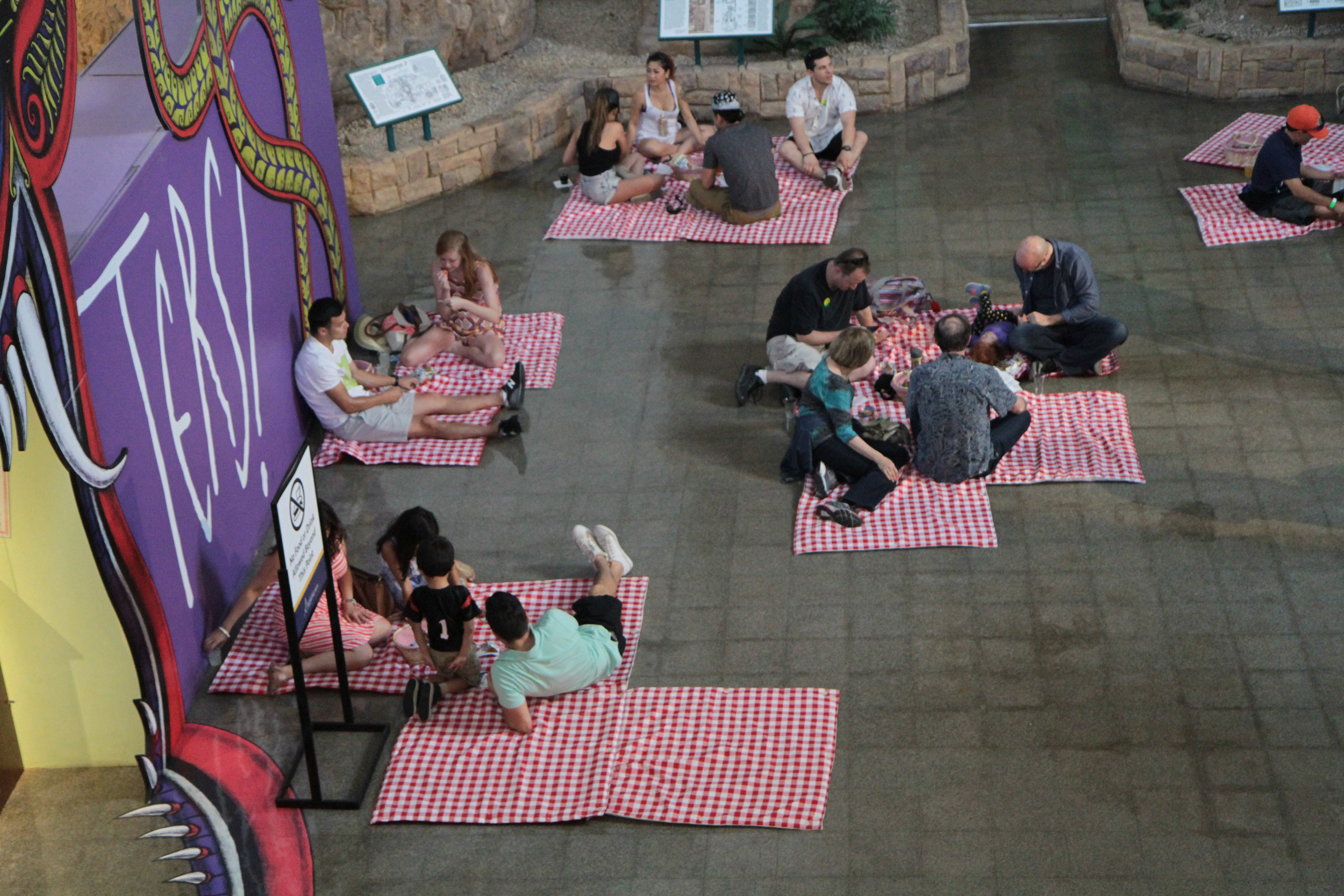   Picnic  Fabric, batting, buttons (52 count) 42x42 inch squares Documentation of interactive installation Museum of Man, Los Angeles, CA, June 18, 2016 