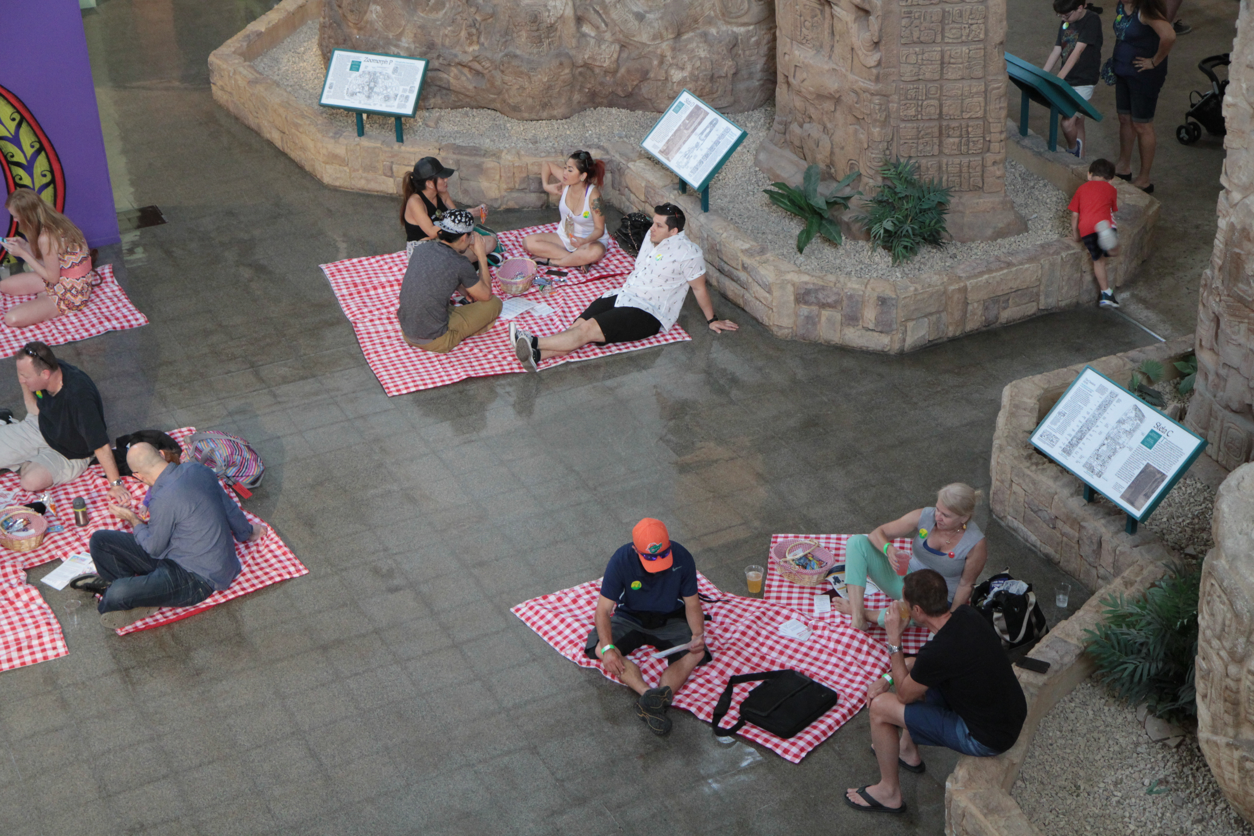   Picnic  Fabric, batting, buttons (52 count) 42x42 inch squares Documentation of interactive installation Museum of Man, Los Angeles, CA, June 18, 2016 