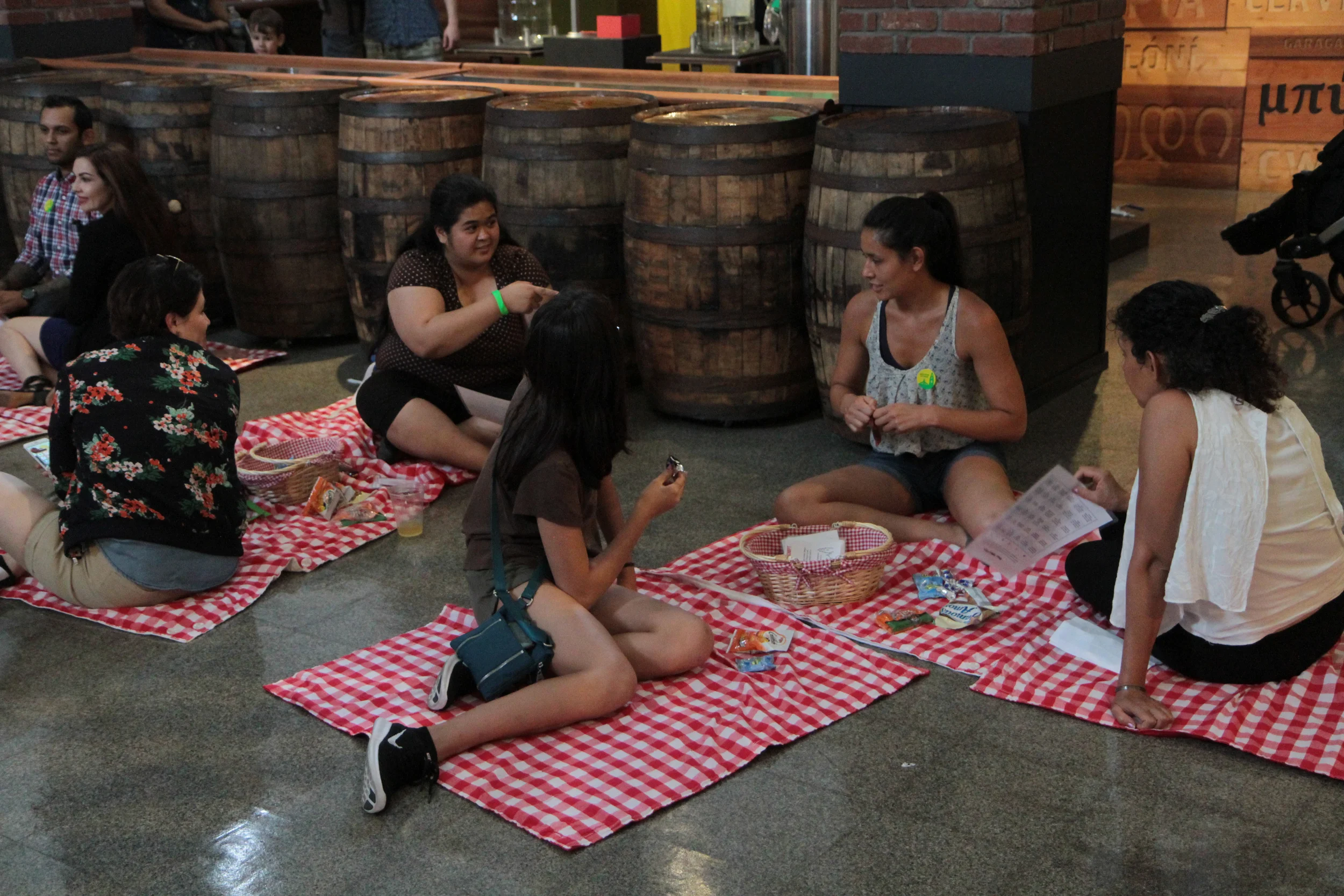 Picnic Fabric, batting, buttons (52 count) 42x42 inch squares Documentation of interactive installation Museum of Man, Los Angeles, CA, June 18, 2016
