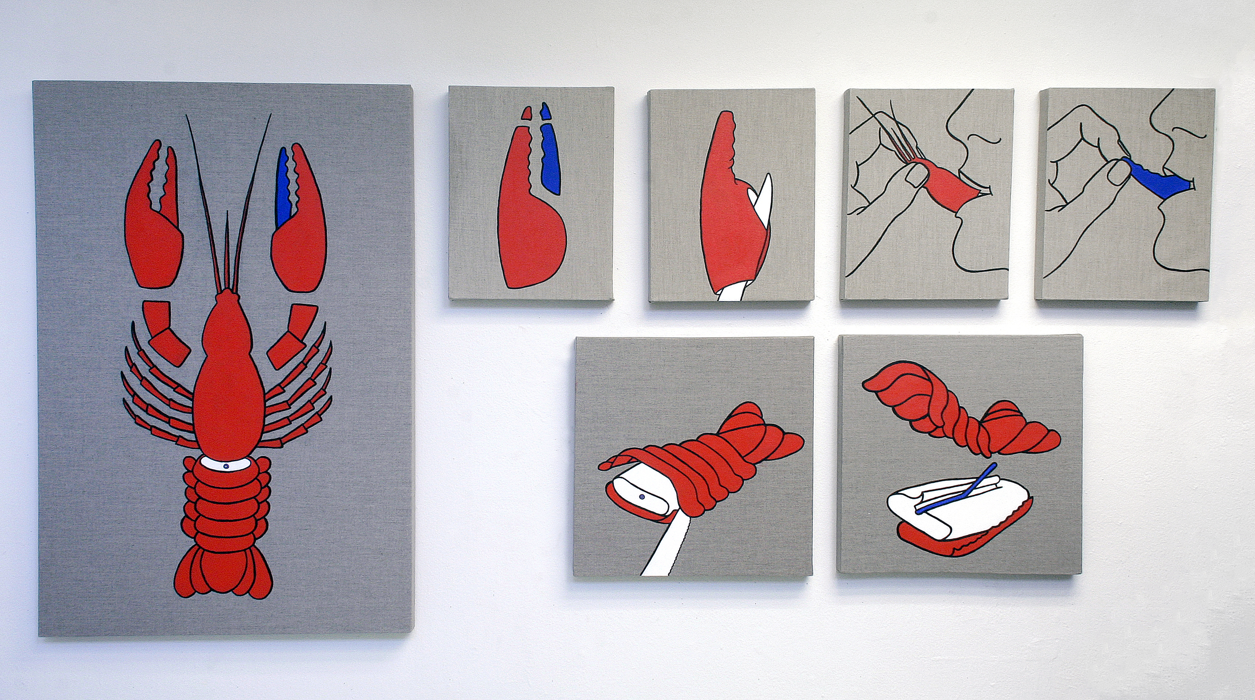   How to Eat Lobster (Blue Claw)  2011 installation of 7 acrylic on linen dimensions variable 