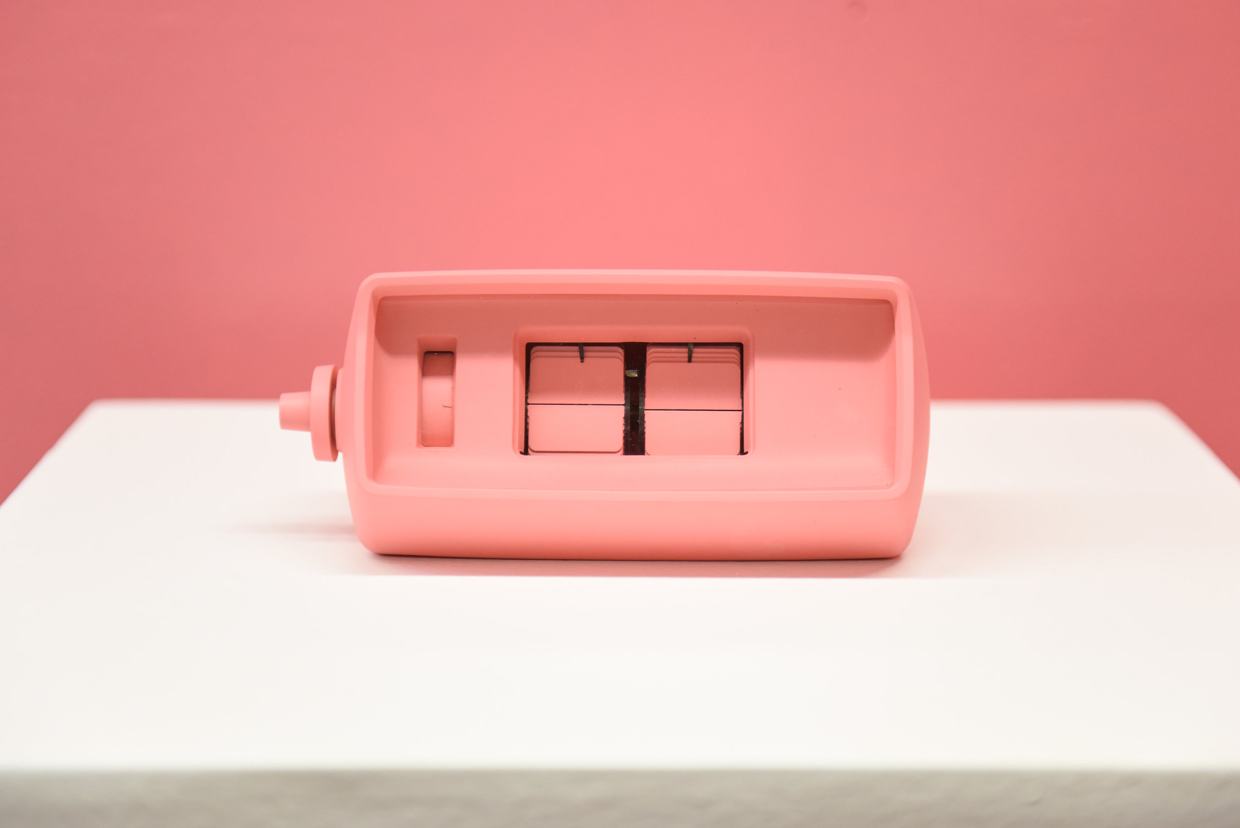   It's Schauss Time   2013   Vintage flip clock, Baker-Miller Pink paint   7x3.5x3.5 inches   Human Condition Exhibition curated by John Wolf, Los Angeles, CA. 10/01/16 