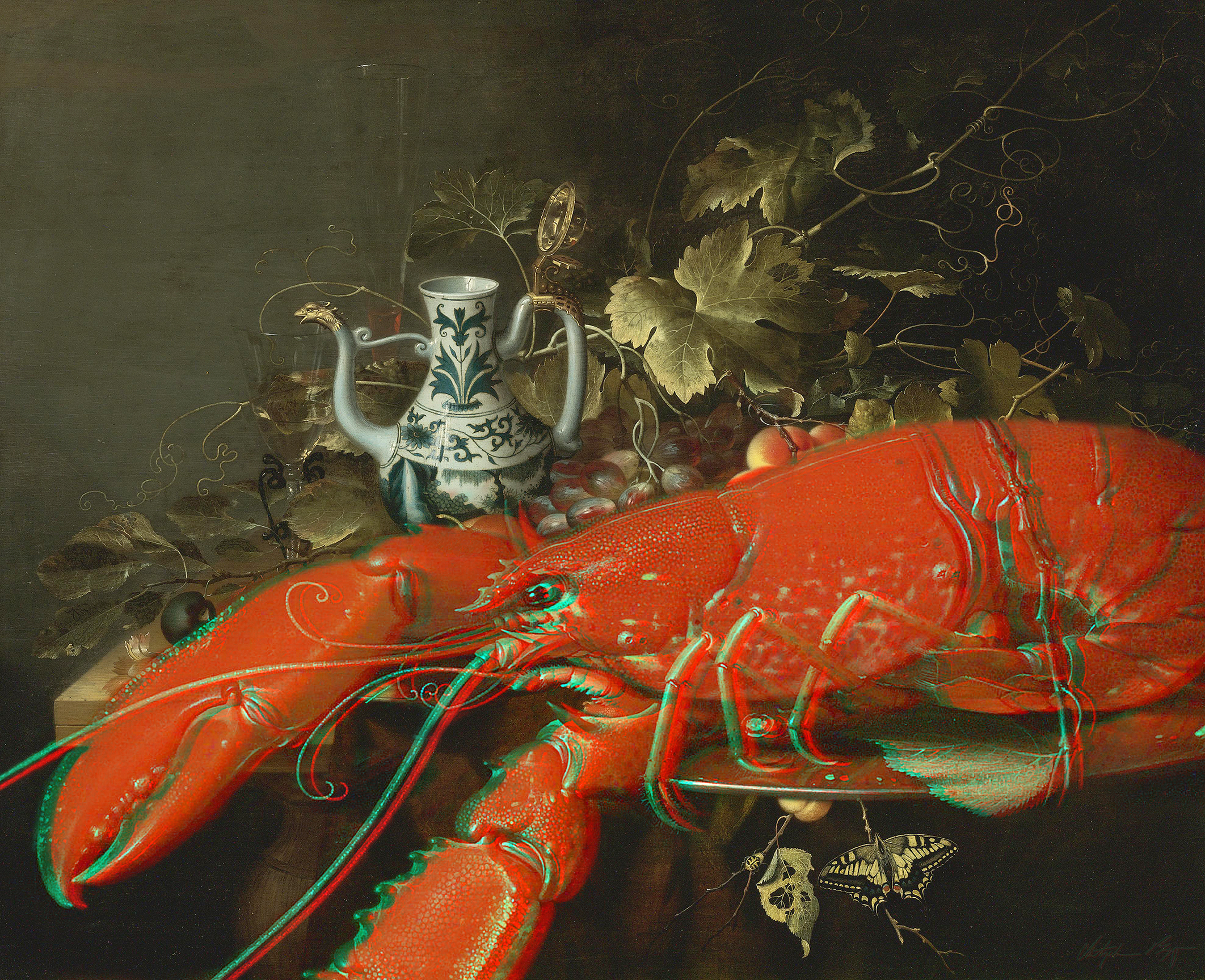   Lobster Anaglyph #2  ( Still life with a lobster on a pewter plate, lemons, grapes, apricots, oysters and a gold-mounted blue and white porcelain ewer, all on a wooden table top with a swallowtail butterfly ,  Laurens Craen, 1653)  2017 3D anaglyph