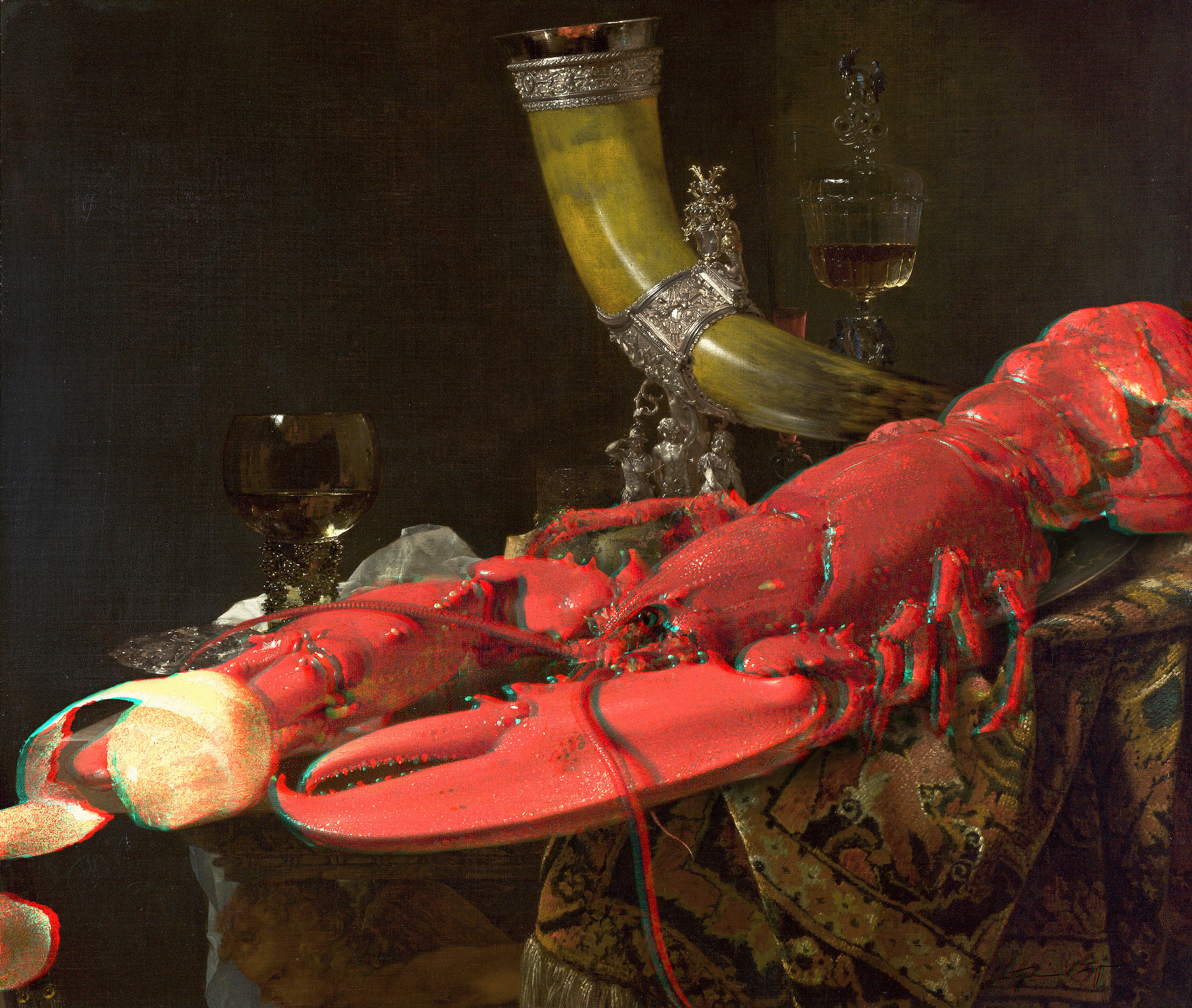   Lobster Anaglyph #3 (Still Life with Drinking-Horn, Willem Kalf, 1653)  2017 3D anaglyph digital UV adhesive wall fabric, 3D anaglyph glasses 34 × 40.2 inches 