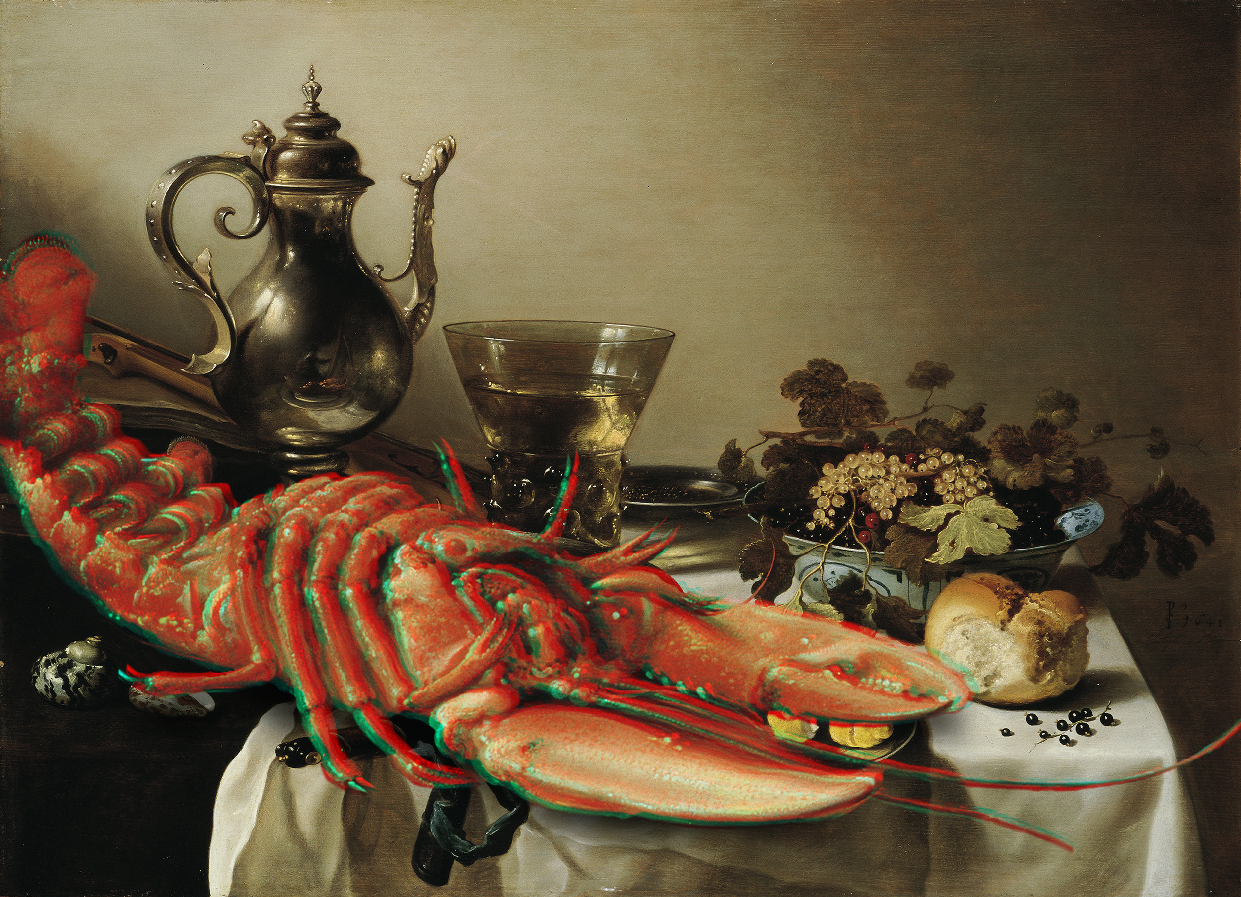   Lobster Anaglyph #4 (Table with Lobster, Silver Jug, Fruit Bowl, Violin and Books, Pieter Claesz, 1641)  2017 3D anaglyph digital UV adhesive wall fabric, 3D anaglyph glasses 25.2 × 34.84 inches 