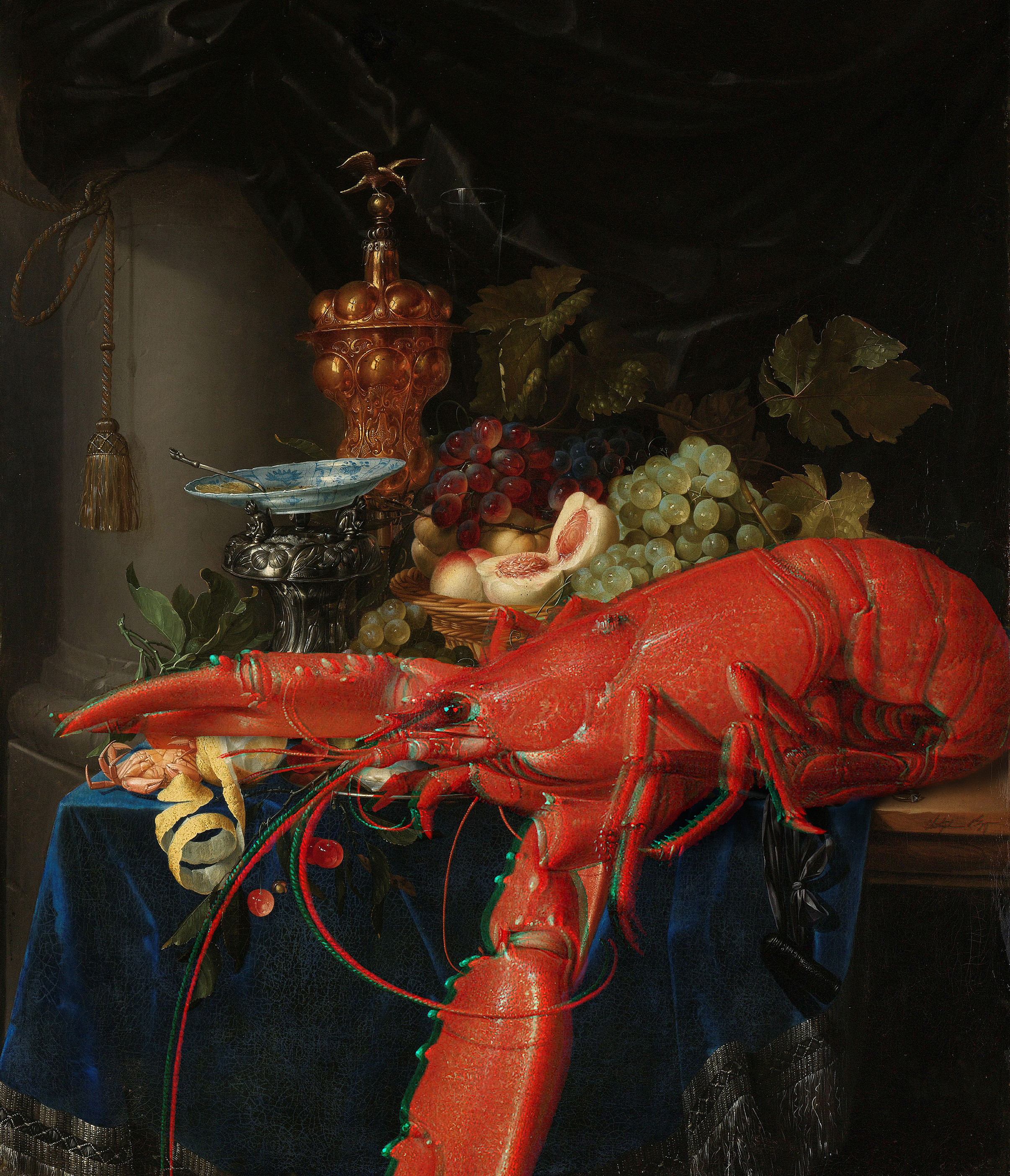   Lobster Anaglyph #5 (Still Life with Golden Goblet, Pieter de Ring, 1640-1660)  2017 3D anaglyph digital UV adhesive wall fabric, 3D anaglyph glasses LOBSTER 5: 39 x 33.5 inches 