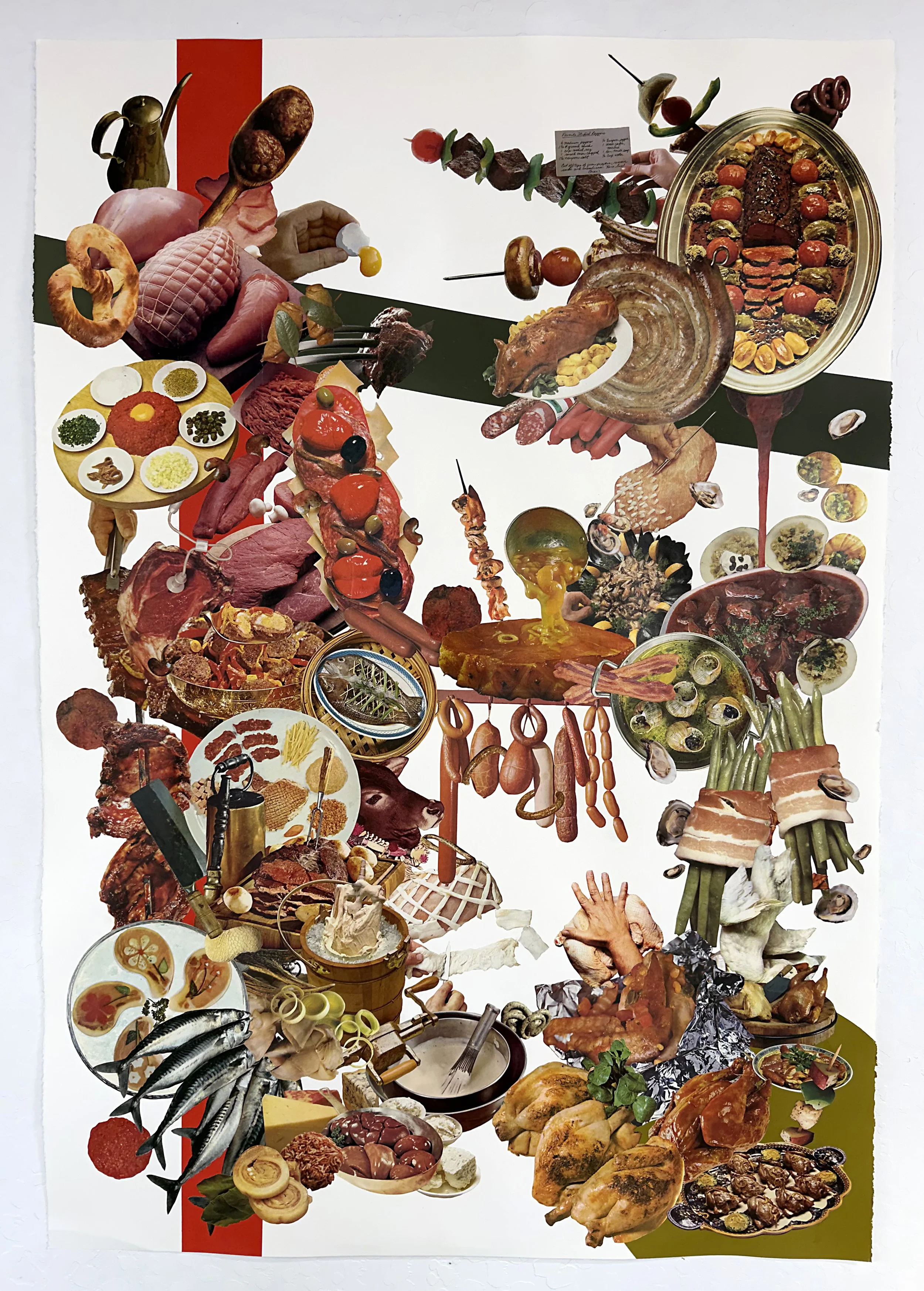   Pronkstilleven #1 (after Pieter Aertsen, A Meat Stall with the Holy Family Giving Alms)  2026 Vintage cookbook collage and acrylic on paper 44 x 24 inches 