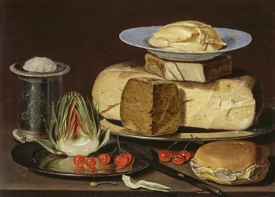 Reference: Pronkstilleven #4 (after Clara Peeters, Still Life with Cheeses, Artichokes, and Cherries)