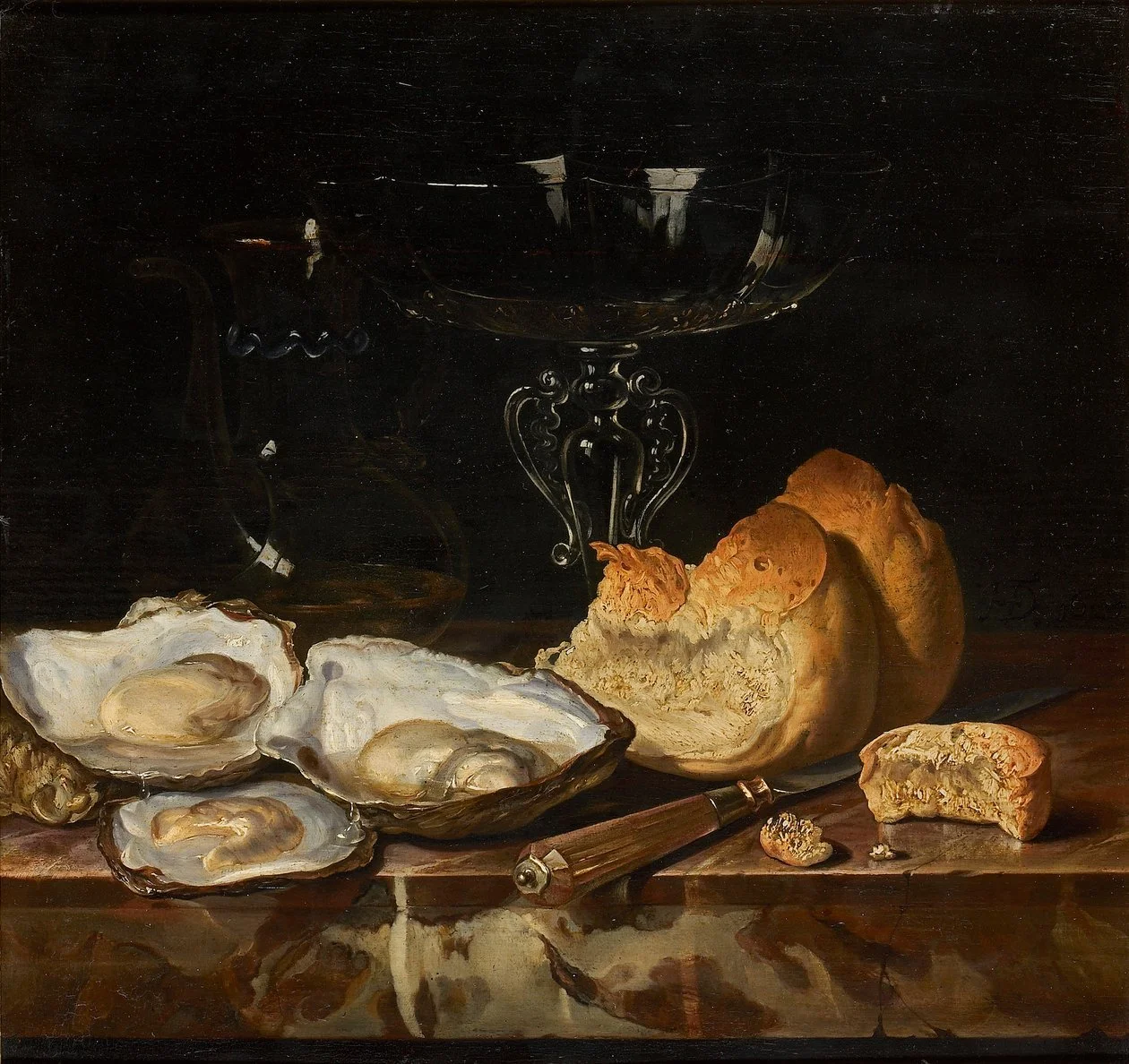 Reference: Pronkstilleven #10 (after Hendrik de Fromantiou, Still Life with Oysters, Bread, and Venetian Wine Glass)