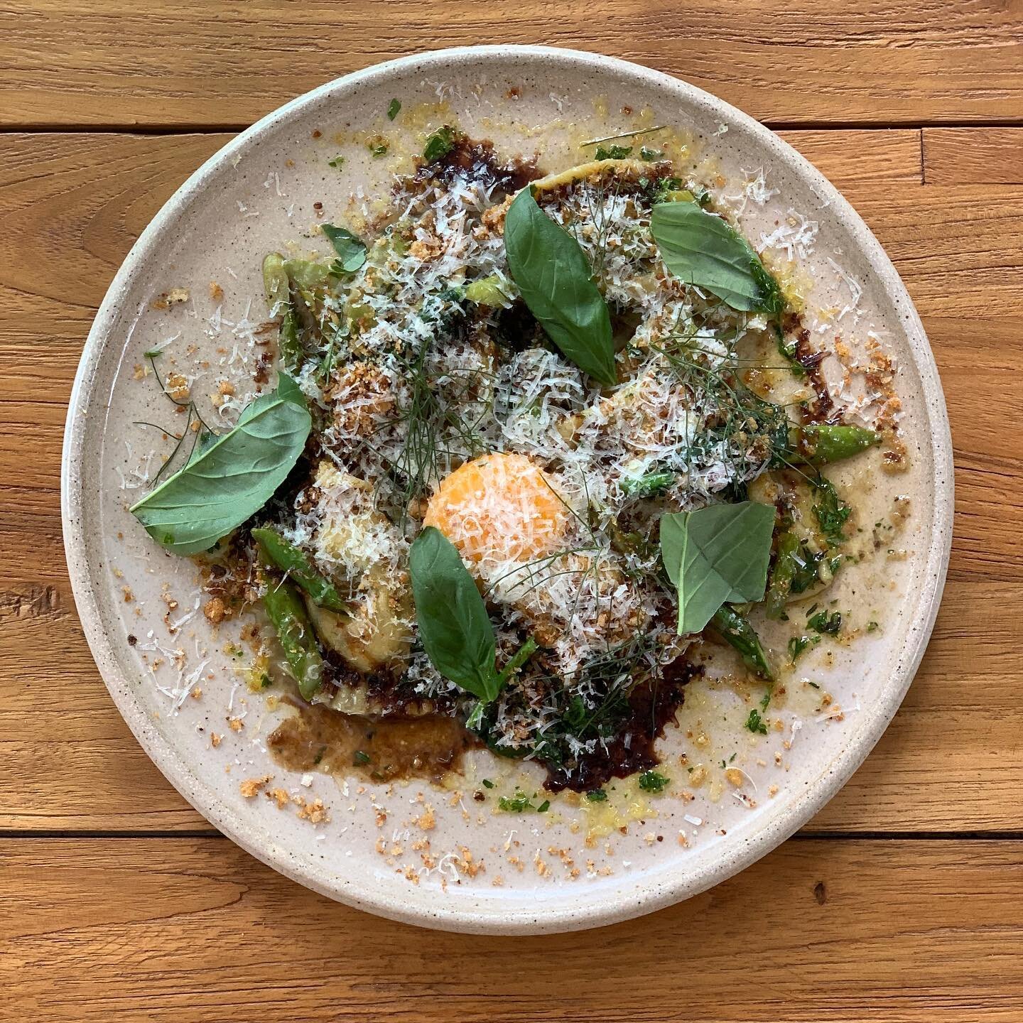 Ricotta and pine nut agnolotti, asparagus, spinach and balsamic reduction.