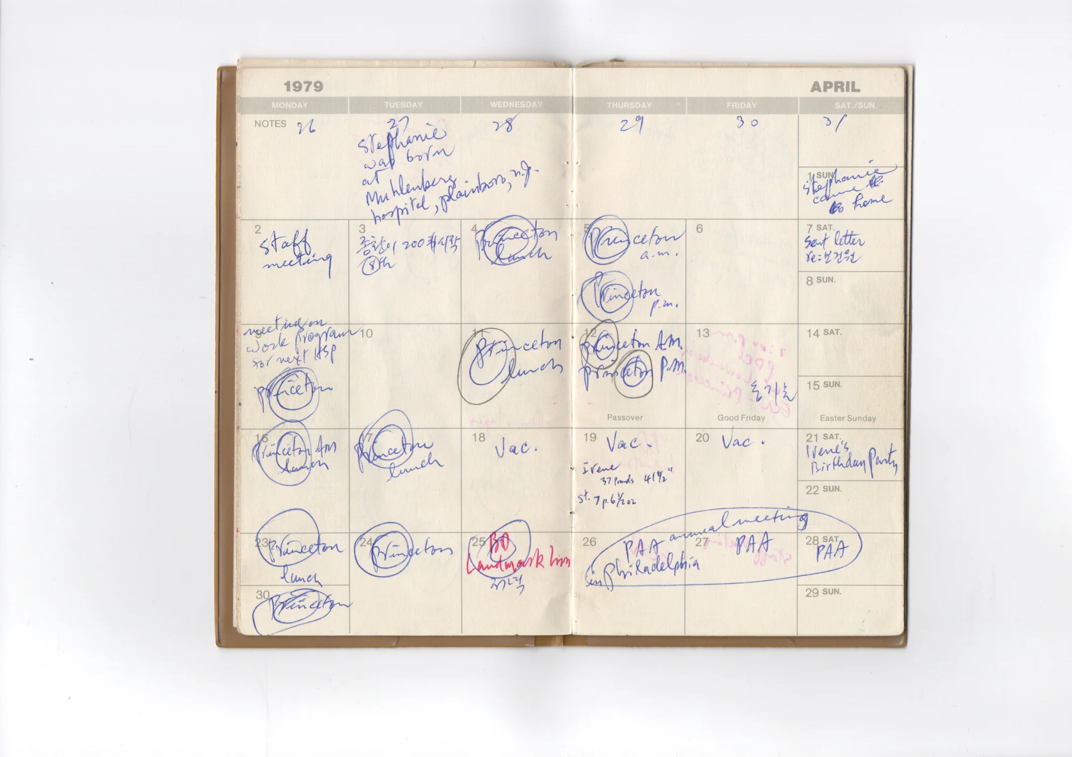 My father's datebook from 1979. My birth is crammed in there between office meetings.