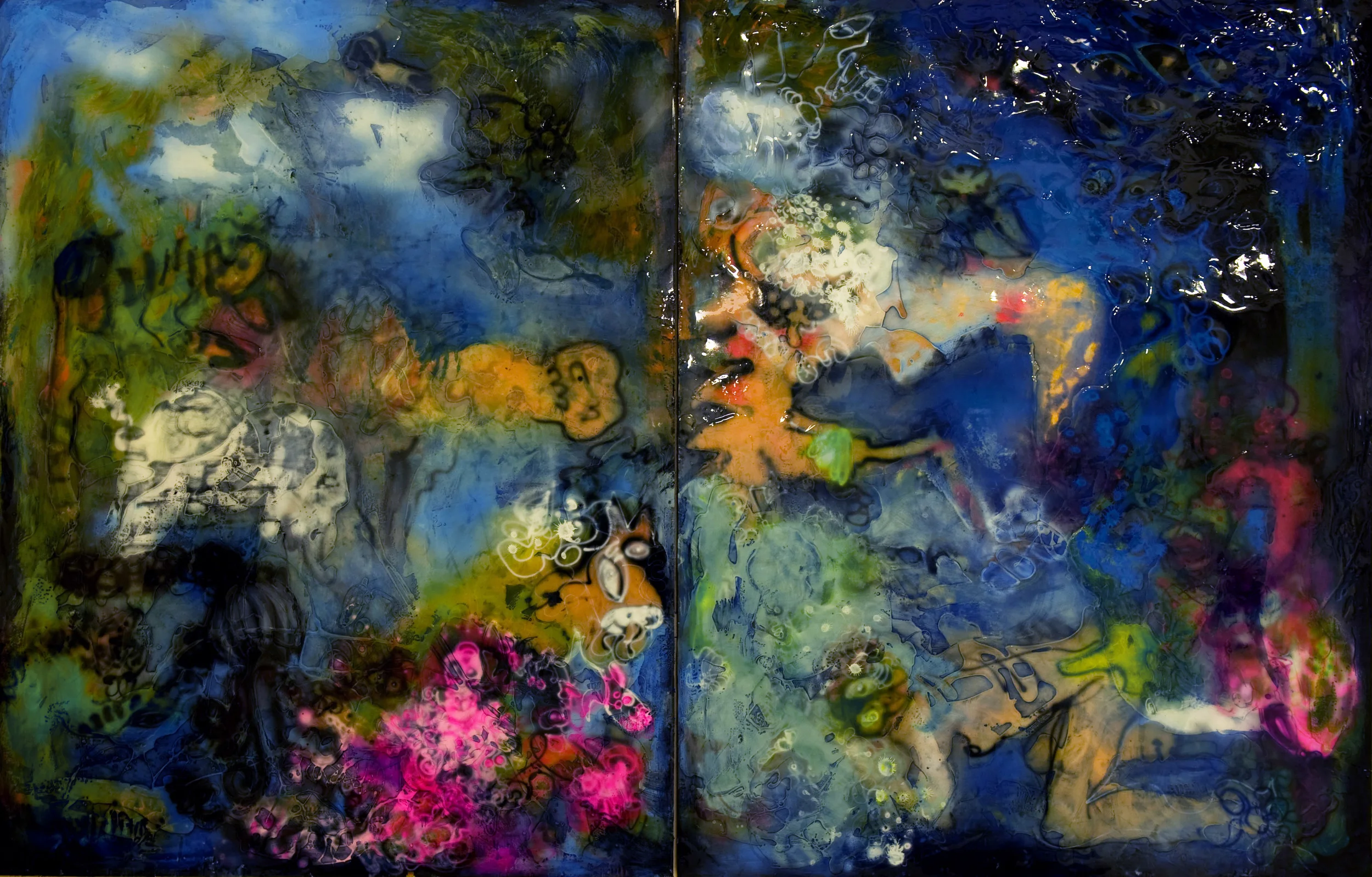   Still Searching  (2011)&nbsp;  Mixed media on wood.  90" x 70" &amp; 90" x 70" (2 Panels)  A breakaway piece for Masik as the artist took strides towards beginning her 'Corkscrew Follies' collection.  SOLD 
