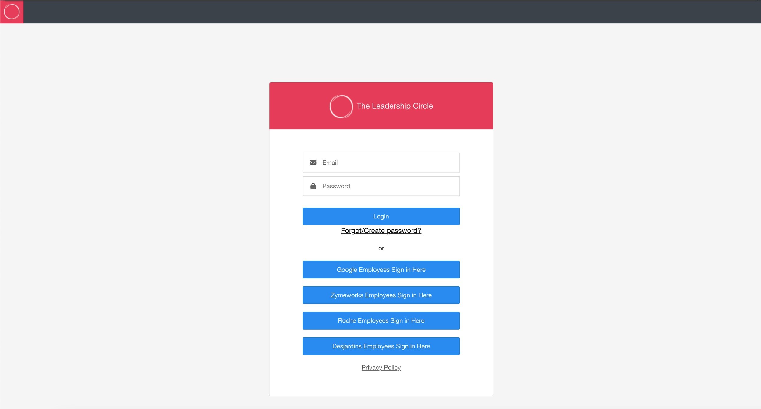 Image of original login page before rewrite. It shows the individual sso buttons in addition to the conventional login with email and password fields.