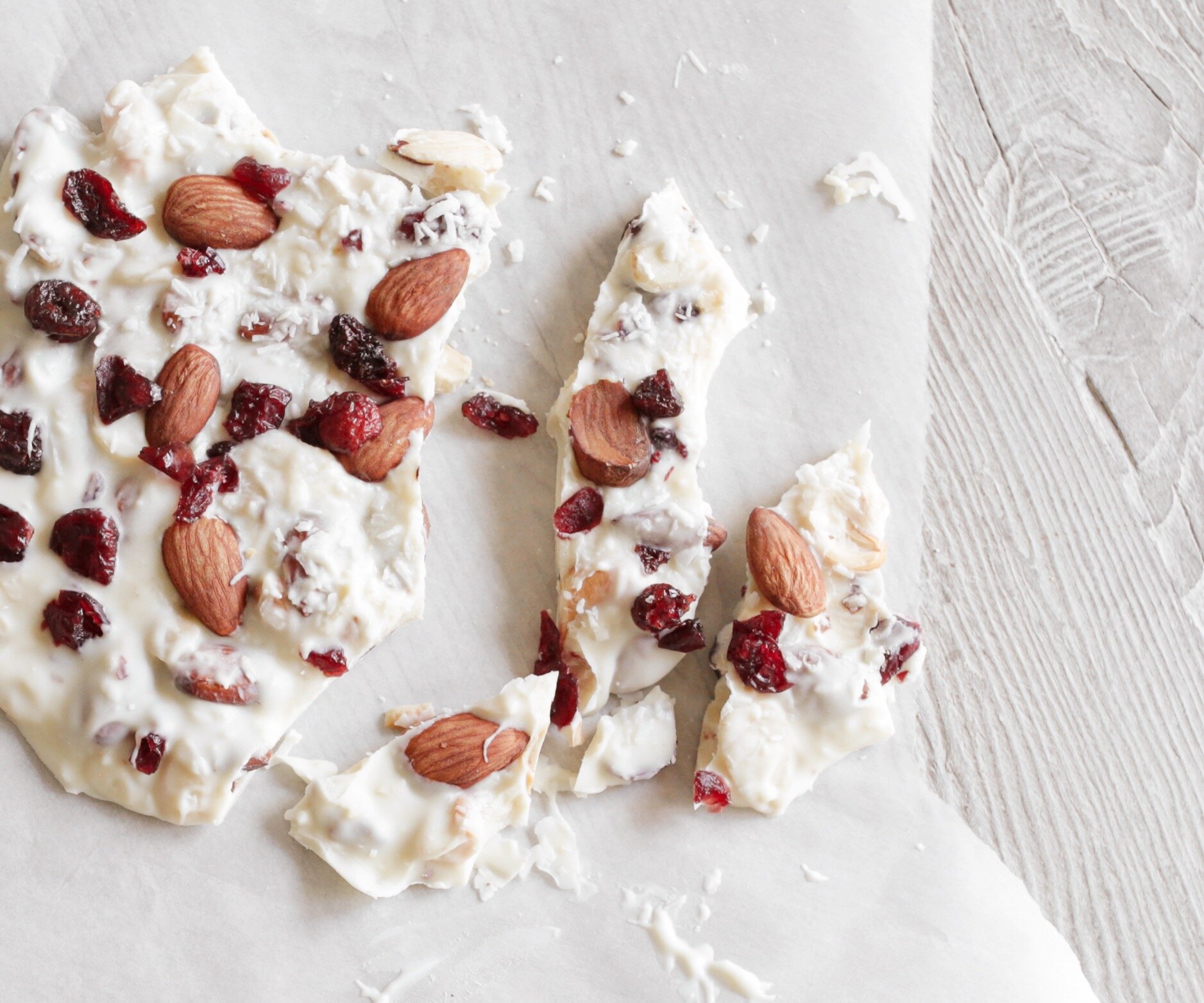 WHITE CHOCOLATE HOLIDAY MIXED NUT BARK WITH DRIED CRANBERRIES AND COCONUT FLAKES 