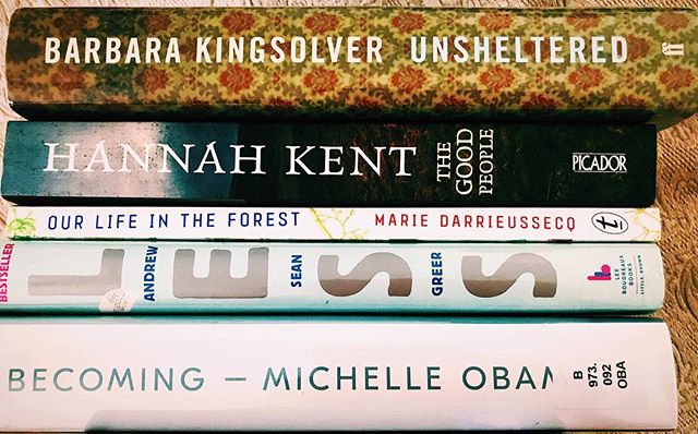 My #tbr #summerreads pile for New Zealand #Less #Becoming #Unsheltered #OurLifeInTheForest #TheGoodPeople haven't finished all yet because trip was so active 🙌🏼#Less is my favourite so far - funny, wise, seemingly effortless which is an achievement