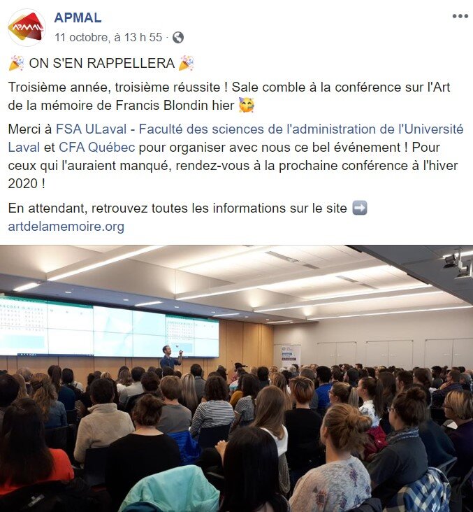 L’APMAL est L' Association des Participants à la Maîtrise en administration de l' Université Laval. Le commentaire et la photo ont été publiés sur leur page Facebook le lendemain de ma conférence du 10 octobre 2019.