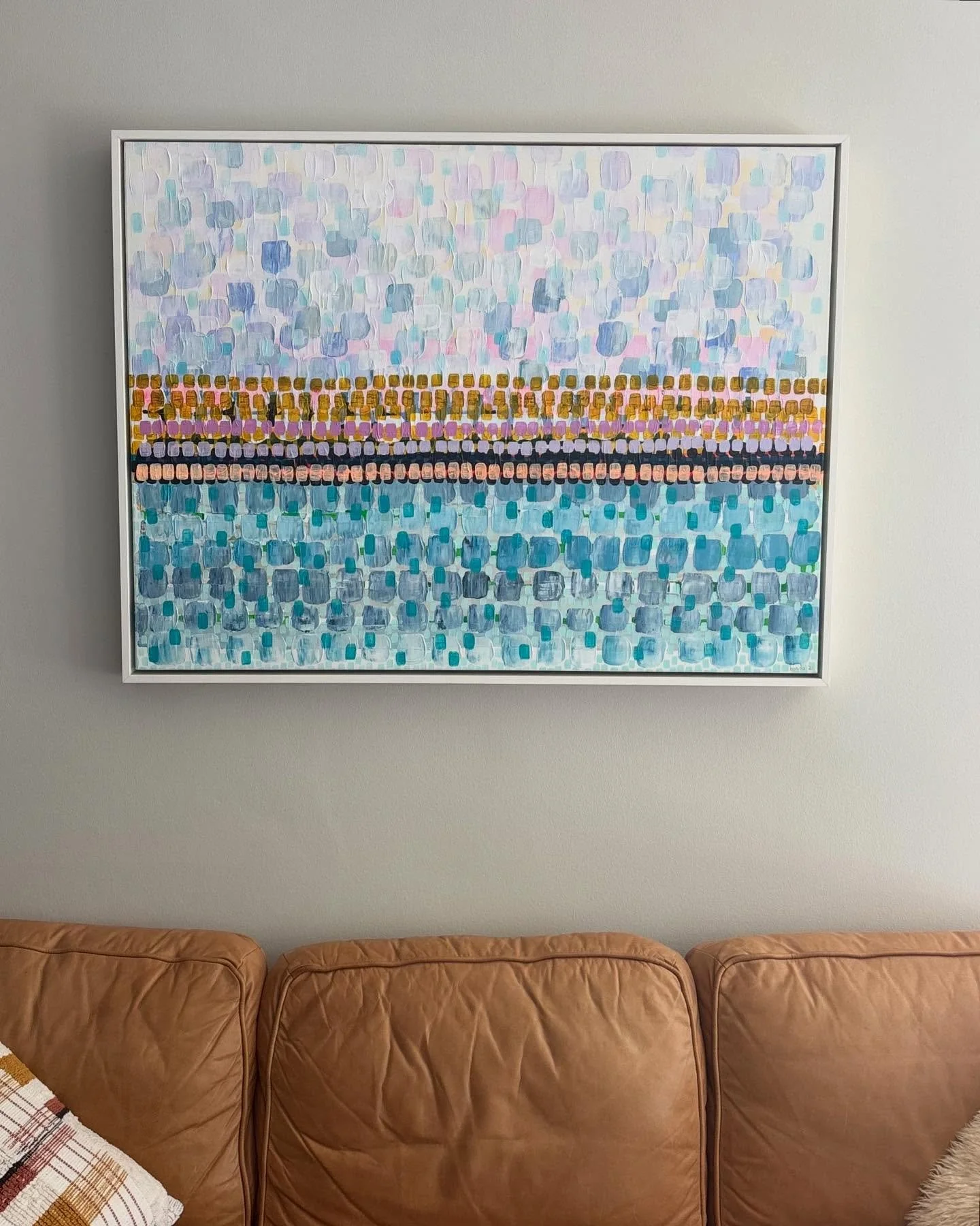 clouds in my coffee, &agrave; la mer no.3 
all settled in at her california dream home 🌞
mahalo to @kastapleton + 
her beautiful growing family
for collecting this special piece ☁️☕️

#insitu #contemporaryartcollector #cloudsinmycoffee #leathercouch