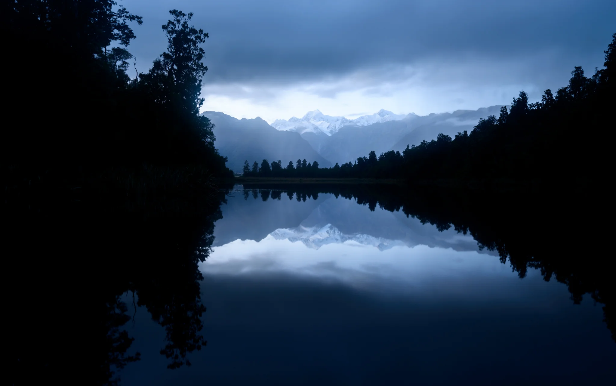 Lake Matheson well before dawn, Mt Tasman centre frame and Mt Cook just to the right