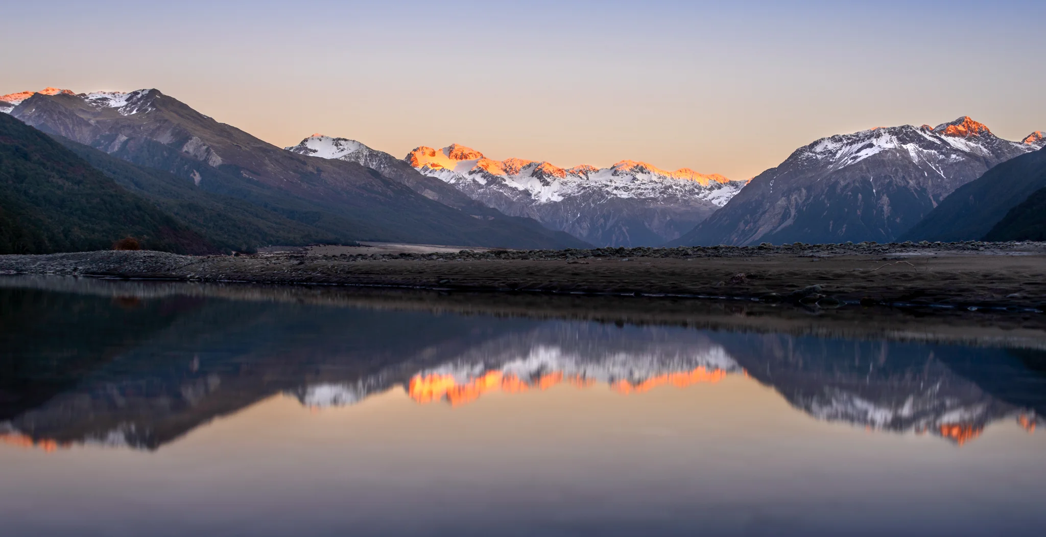 "There's a place I go" Mt Harper, Mt Davie and Mt Stewart lit by the coming dawn, Waimakariri River valley, Arthurs Park National Park, New Zealand D800, ISO100, f8, 2.5sec, 38mm, Lee Litle Stopper ND Filter