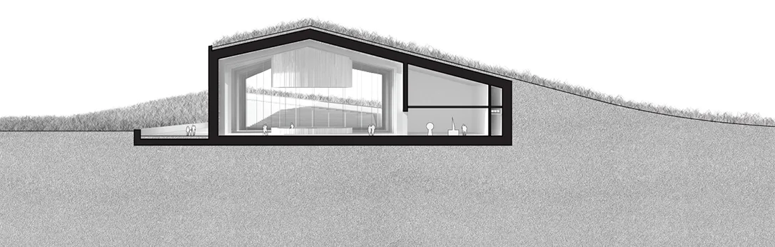 Section through the art gallery and public test kitchen