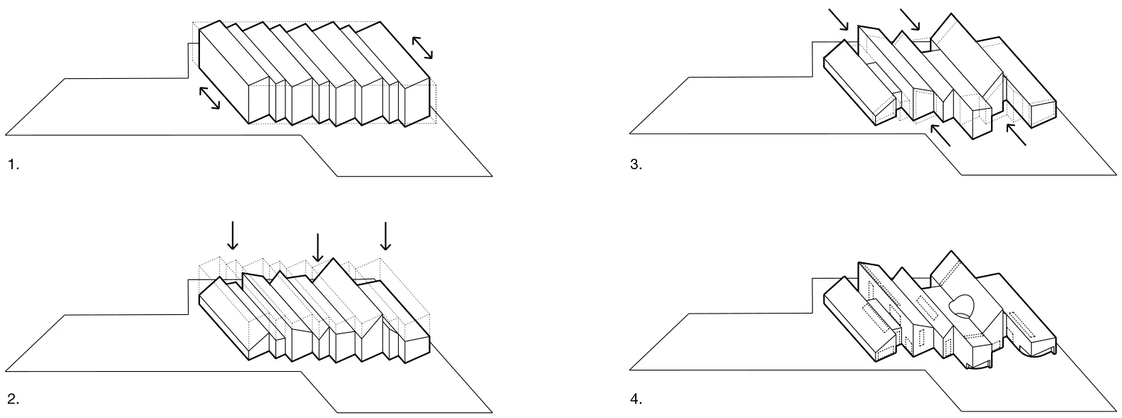 Massing Concept - Out of solid mass, bars of program are carved out and shifted parallel to the site boundary