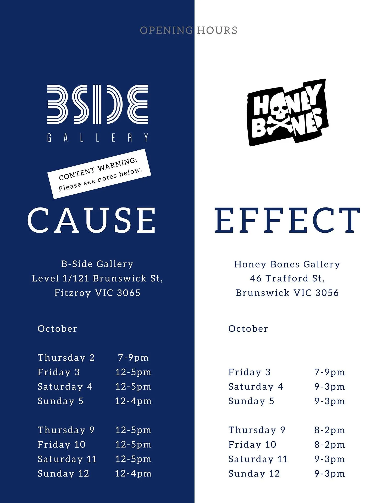 ⏰ OPENING HOURS ⏰

Linda Radosinska&rsquo;s exhibitions CAUSE &amp; EFFECT continue across both @bside.gallery &amp; @honeybonesgallery until Sunday 12th October! 

Start at B-SIDE Gallery then make your way to Honey Bones for the full story and expe