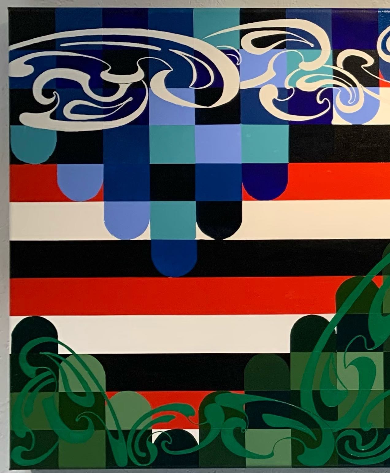 Raph James | @raphjamesartist 
&lsquo;AOTEAROA&rsquo;
2024
Oil and acrylic on canvas
61 x 152cm

&ldquo;Raph James is an intersectional practitioner, combining her signature linear abstract artistry with her identity as Samoan / Pākeha, and her lived