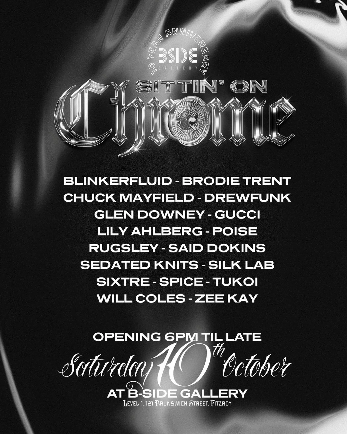 ✨⛓️ 10 YEARS OF B-SIDE GALLERY ⛓️✨

Come and celebrate 10 years of @bside.gallery this Saturday 10th October from 6pm til late 🪩💫

Curated by the gallery owning manager @ariana612, beers courtesy of @lasirenebrewing, fragrances by @404sensory, and 