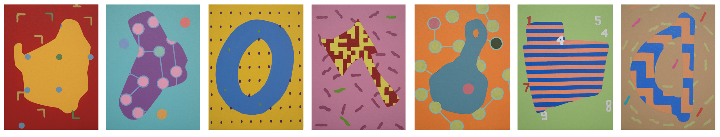 'Object Decision', Charlie Harrison. These paintings are based on the various tests, patterns, colours etc. in the VOSP (visual object and spatial perception) battery. Asking the general public to try and identify the real silhouettes has been a good way to get people involved in a conversation about neuropsychology and people who are affected by dementia-related visual perception. 