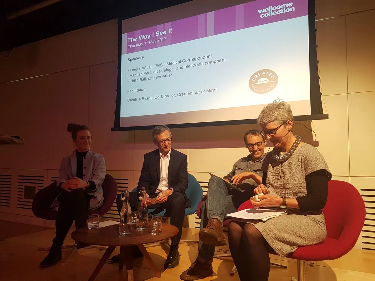 The Panel leading 'The way I see it', a Created Out of Mind discussion event at Wellcome Collection. Pictured (l-r): Hannah Peel, Fergus Walsh, Philip Ball and Caroline Evans. 