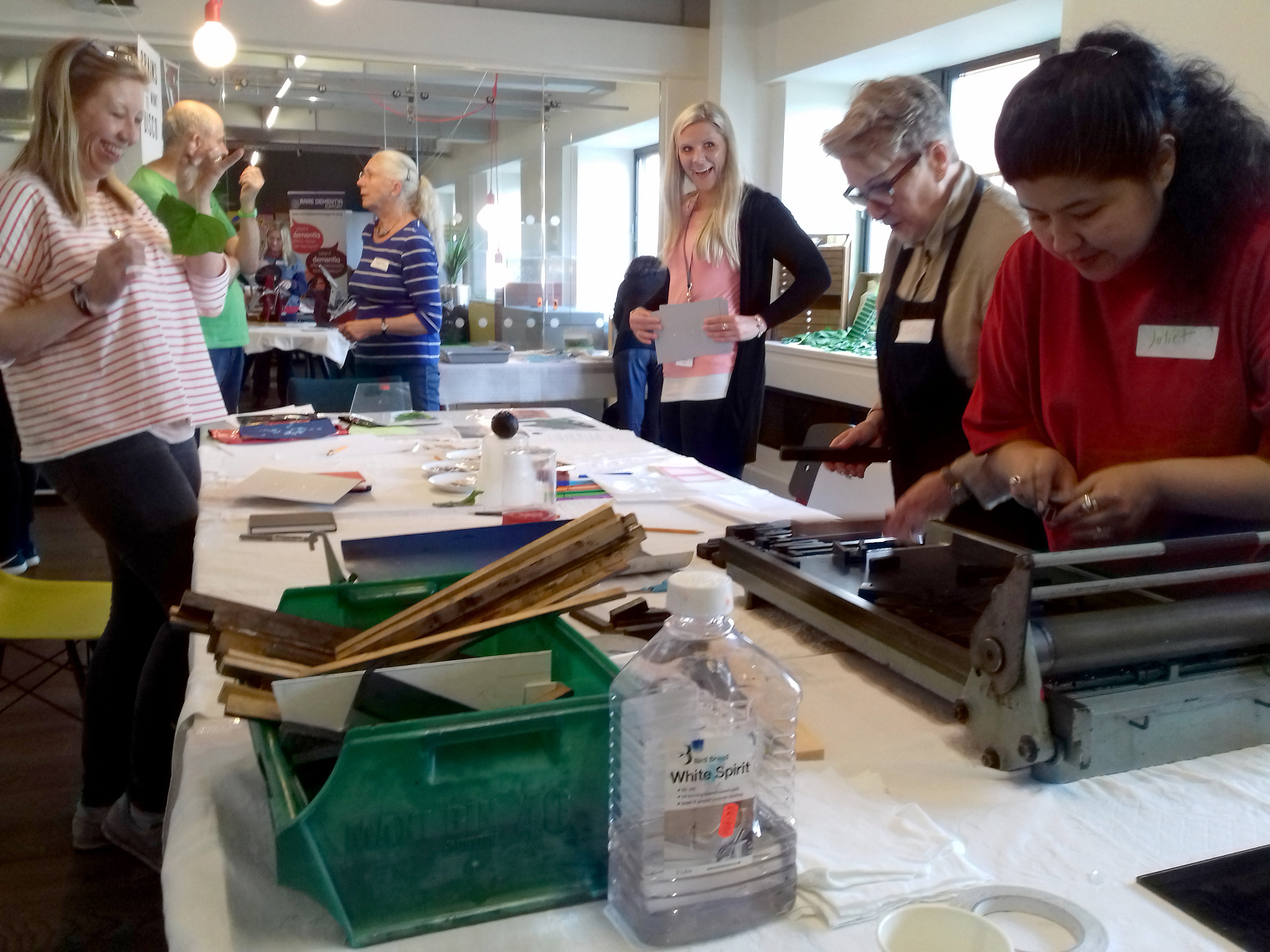 Laughing, learning and creating at the 'Words and Letters’ printing workshop led by Charlie Murphy and Pixel Press.