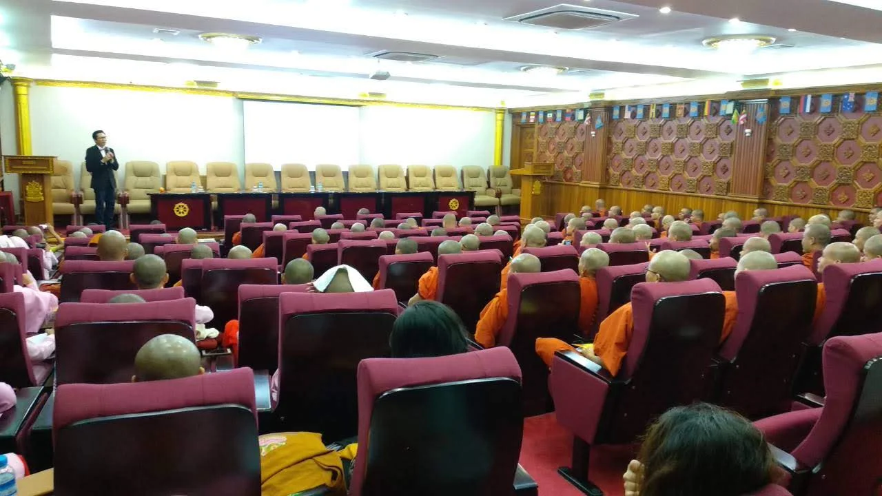 Dr. Kyne delivering a talk on disaster resiliency and study opportunities in disaster studies MA Program at utrgv to a group of monks and nuns at the sitagu international buddhist academy in Yangon, myanmar on july 9, 2019.
