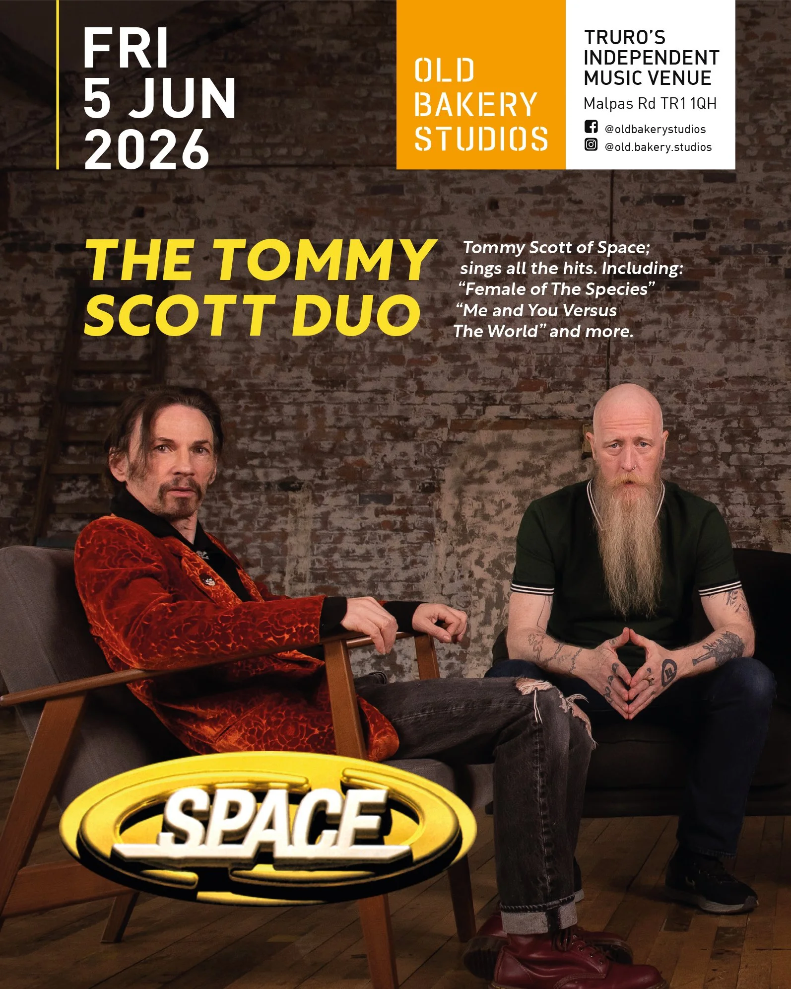 Catch the legendary Tommy Scott Duo bringing the Hit Songs of 90's Multi Platinum Selling  Indie Band Space To Old Bakery Studios