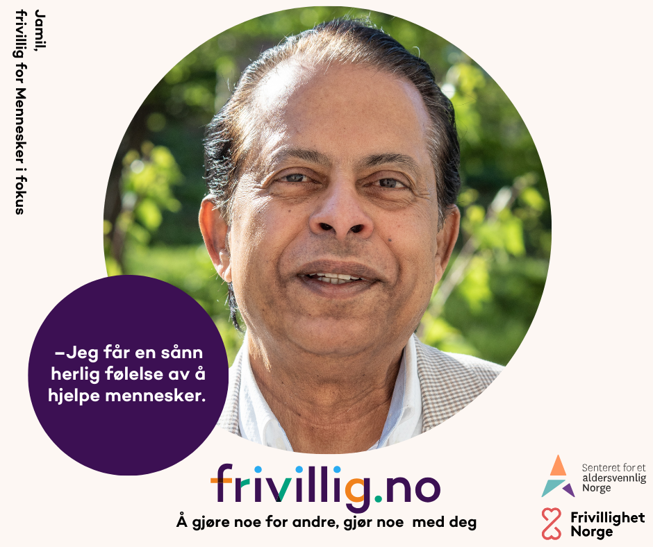 Bilde av en eldre mann og dette sitatet: "jeg får en sånn herlig følelse av å hjelpe mennesker"