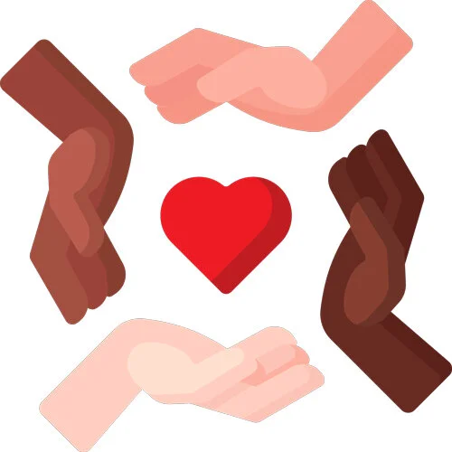 Red icon of a three figures connecting on top of the image of earth.