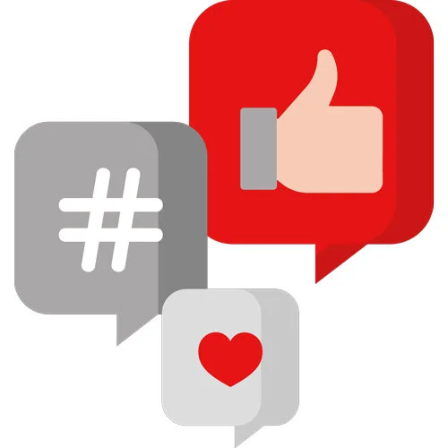 Red icon of a megaphone and social media icons.