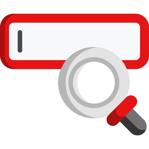 Red icon of a computer using a search engine.