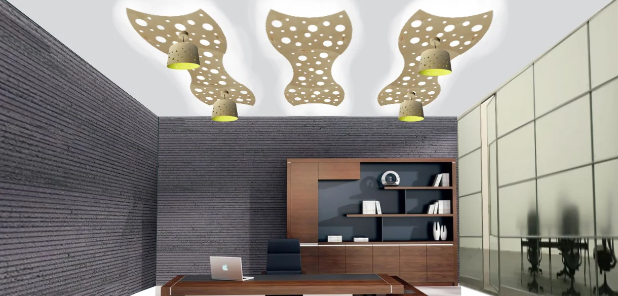 Sample ceiling of nine panels with white up light and four pendant lights with shades.