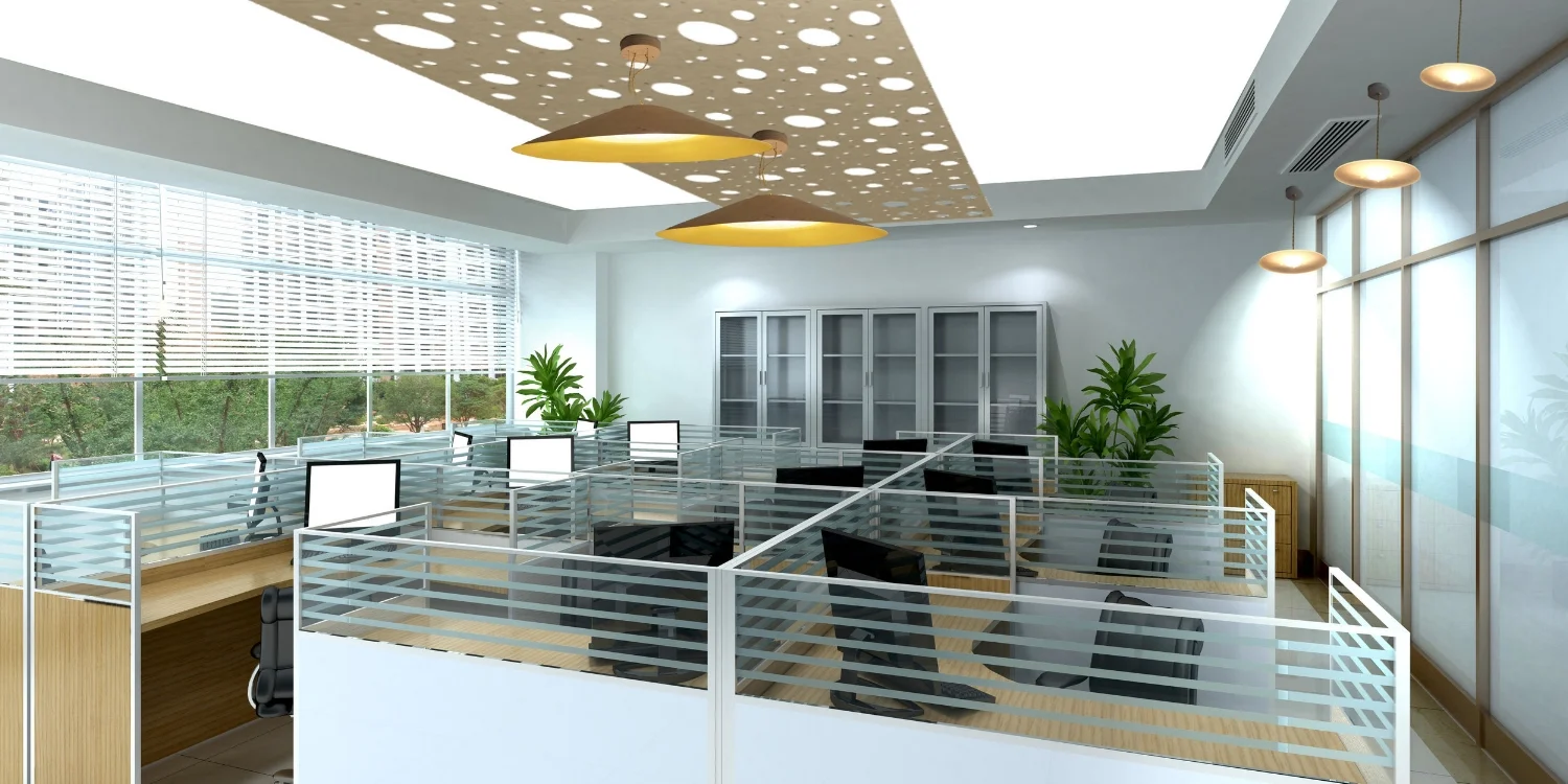 Ceiling design with holed panels and pendent lights, centre with large cone shades.