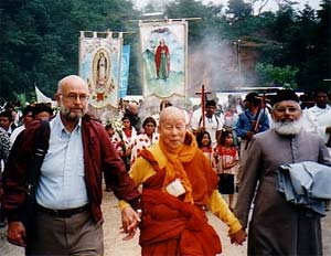 Marcus took this photograph of three other interfaith pioneers, Paul Knitter, Maha Ghosananda, and Irfan Khan, protesting a massacre in Acteal, Mexico.