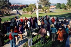 Today the greatest growth in interfaith activities is being organized locally, led by people who want to know their neighbors better, like this group at the Interfaith Center at the Presidio, in San Francisco, on January 1, 2000.