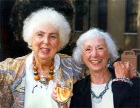 Juliet Hollister (l.) with her good friend Barbard Marx Hubbard at a 1997 Stanford University planning conference during United Religions Initiative’s formation.