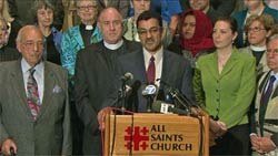 Salam al-Marayati, president of the Muslim Public Affairs Council, appears at All Saints Church in Pasadena Tuesday to address hate mail the church has received in advance of hosting an MPAC gathering. Photo: KTLA Television