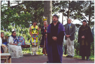 Don, in purple robes, participates in an interfaith ritual 20 years ago in Berkeley.