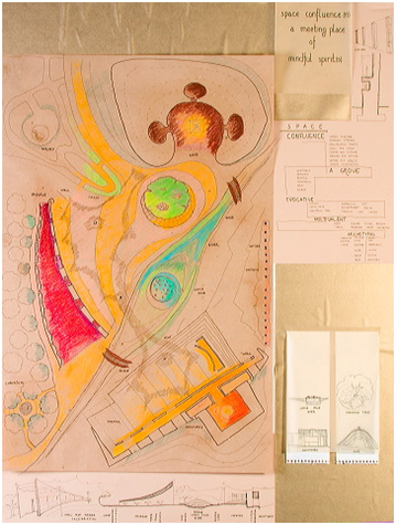 The design of No. 19, “Space Confluence: A Meeting Place of Mindful Spirit(s),” by Vivek Anand, one of four winners honored by the Jury. Anand’s design includes caves, an outdoor processional path, gardens, classrooms, and a theater, and a river runs through the campus. – Photo: Christopher Werby