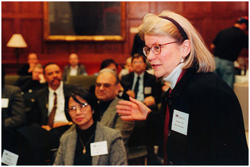 Diana Eck welcomes participants to a symposium at Harvard University on civic society and multireligious America. Photo: Harvard University Pluralism Project