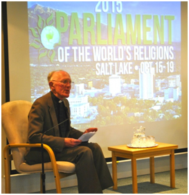 Marcus Braybrooke speaking at a pre-Parliament workshop about the theme of this year’s Parliament of the World’s Religions, “Reclaim the Heart of Our Humanity”. – Photo: Parliament of the World’s Religions