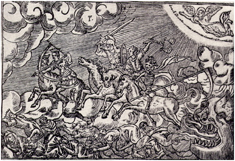 The Four Horsemen of the Apocalypse bring thunder and death to the Earth in Revelation, depicted in this wood-carving called Apokalipsys (1764) by Master Prokopii – Graphic: Encyclopedia of Ukraine