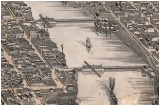 An 1893 etching of Green Bay, Wisconsin, a city with the Fox River running through it. Photo: City of Green Bay.